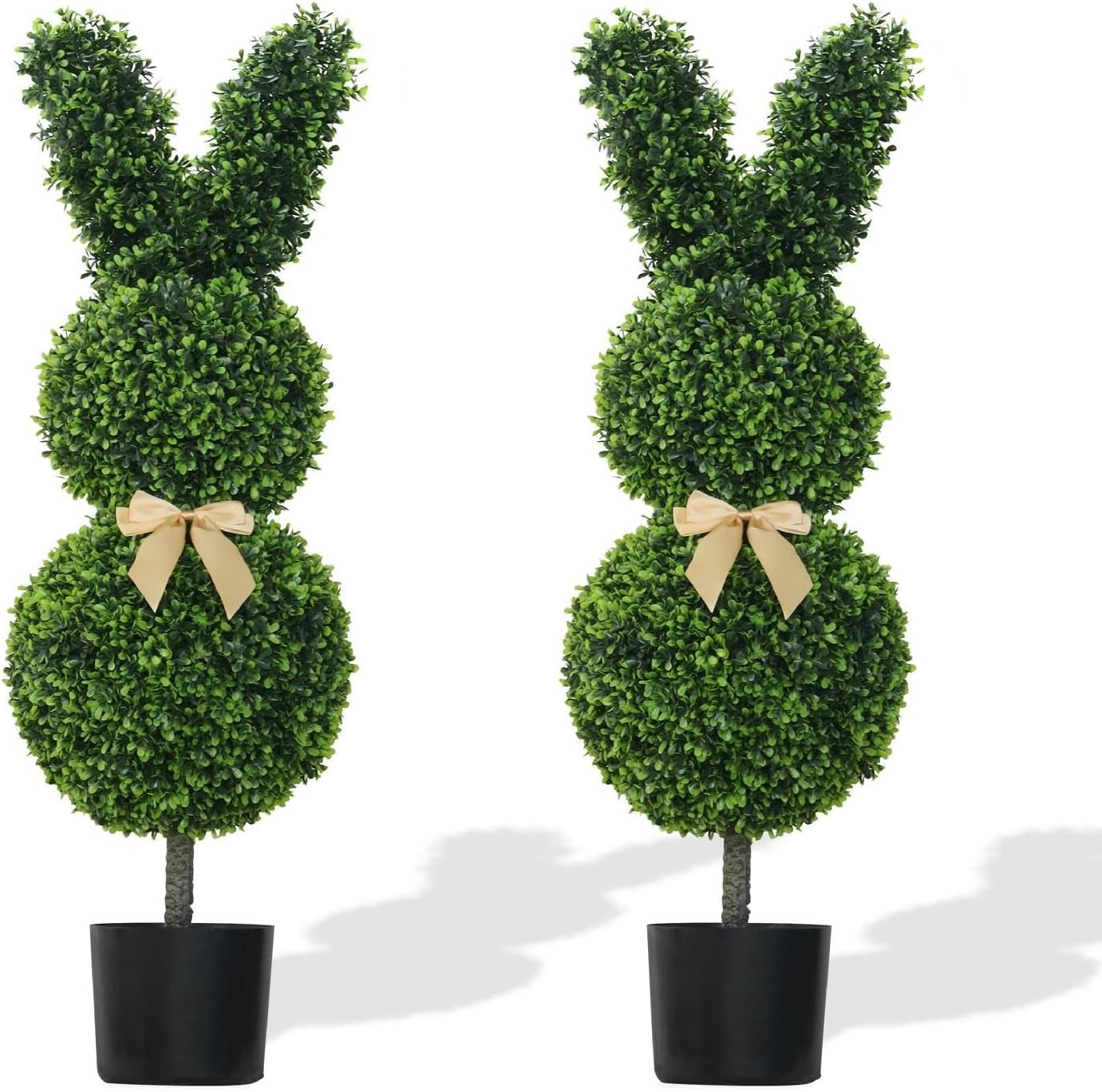 Rabbit Shaped Topiary Trees – 29IN High Artificial Boxwood – Swaying Ears and Brown Bow Tie – UV-Resistant – Indoor \u0026 Outdoor Decor Perfect Easter Decorations